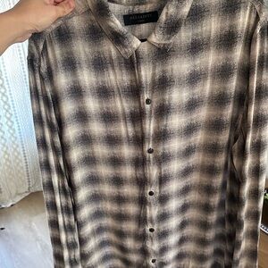 All Saints Men's Black and Cream Plaid Shirt